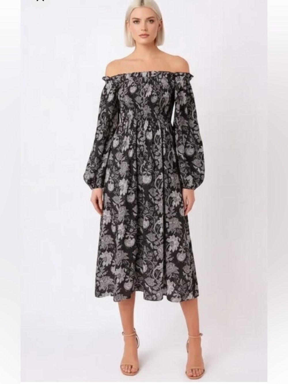 Mille Resort & Travel Catherine Midi Dress Black Floral Smocked Off Shoulder S